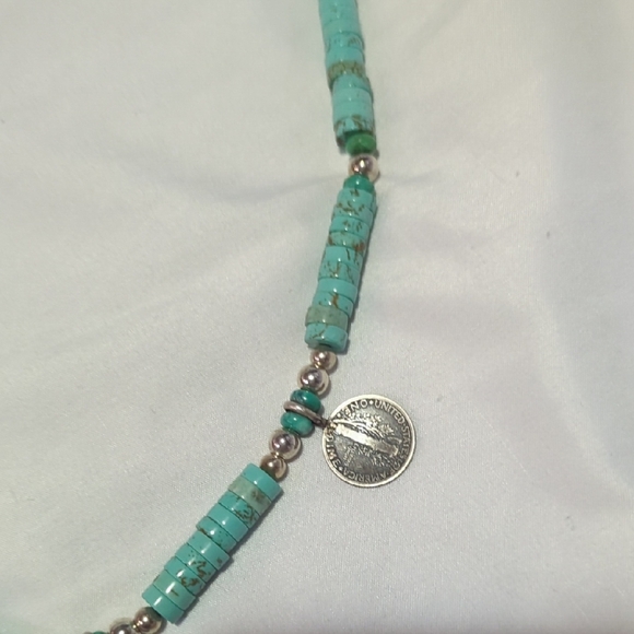 Kingman Turquoise Beaded Necklace with Mercury Dimes And Silver Accents - Picture 6 of 8